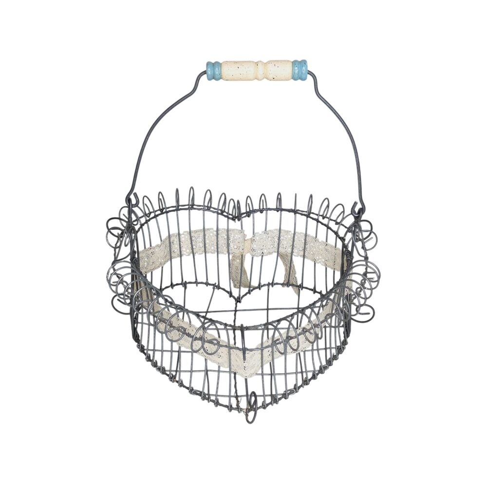 Vintage French Wire Heart Shaped Basket Lace Ribbon Wood Handle Cottage Country